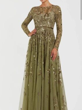 Mac Duggal Long Sleeve Hand Embellished Floral A-line